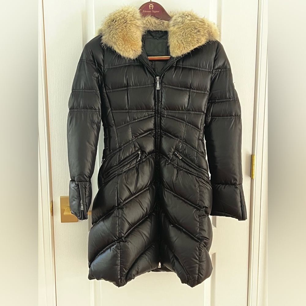 Dawn Levy Women's Black Puffer Coat with Fur Trim